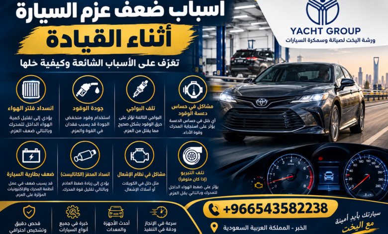 فني يفحص محرك سيارة بجهاز الكمبيوتر لمعرفة سبب ضعف عزم السيارة